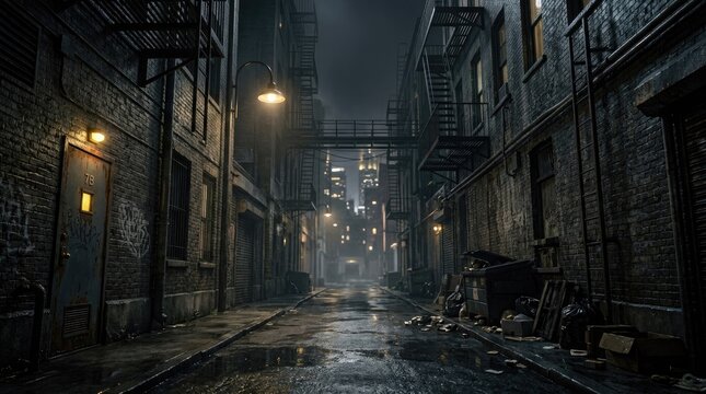 Dark alleyway at night with wet pavement and industrial buildings