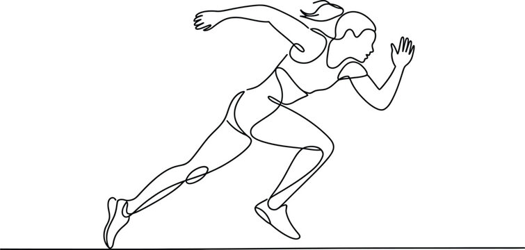 Continuous line drawing of a female runner starting a race on track with continuous exercise training minimalist illustration physical activewear lifestyle competition performance
