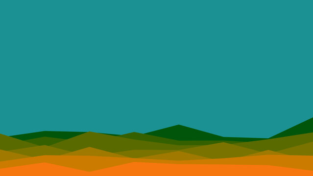 Minimalist geometric landscape showcasing layered green hills and distant peaks, beneath a tranquil teal sky and vibrant abstract orange ground