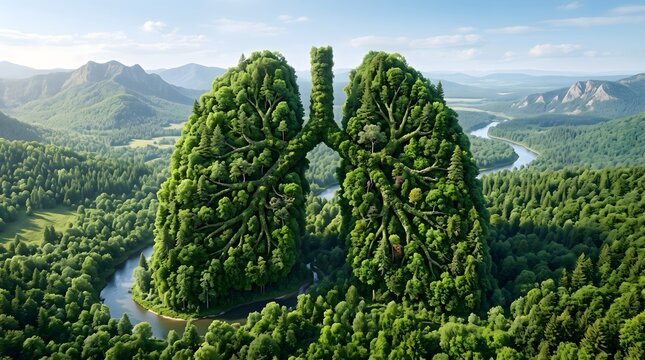 Green forest in shape of human lungs, conceptual nature landscape representing clean air, environmental conservation and ecological health