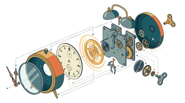 Exploded view illustration of a vintage mechanical alarm clock showing internal gears and components. EPS Editable