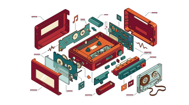 Exploded view of a vintage cassette player with internal components and tape. EPS Editable