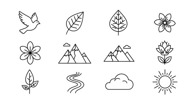 Vector Icon Set with Leaves Featuring Radio Tower Sun Justice Scales Tree Beach Travel and Technology Symbols