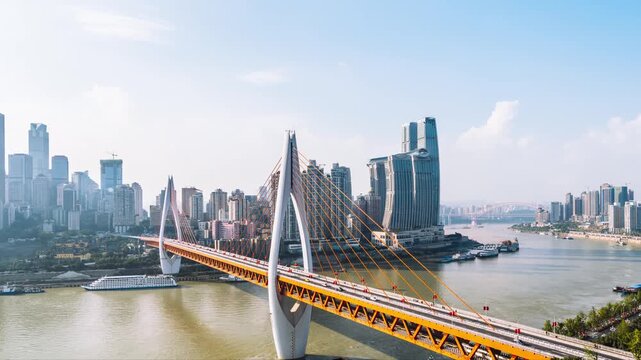 High angle city view timelapse of skyscrapers and the Dongshuimen Bridge in Chongqing, China