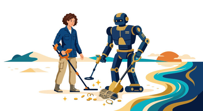 Woman and robot finding treasure on a summer beach with technology