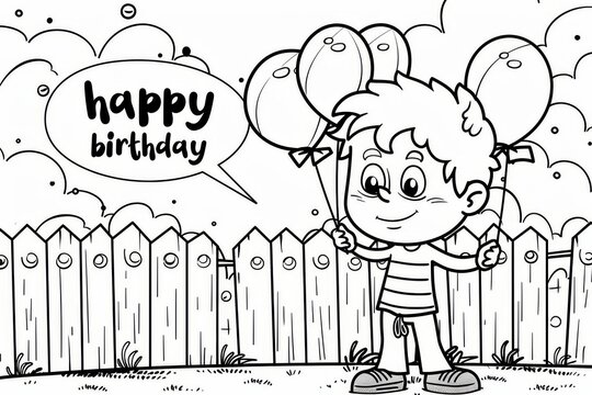 Cute cartoon boy holding balloons with the words, printable kids coloring page with thick lines