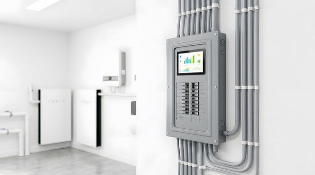 Smart home energy management system with touchscreen | Residential electrical panel with digital monitoring display | Modern solar battery storage and circuit breaker installation | Sustainable energy