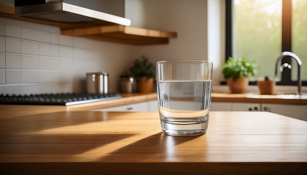 a half empty glass with water sits on a wooden table in a kitchen lit by natural light