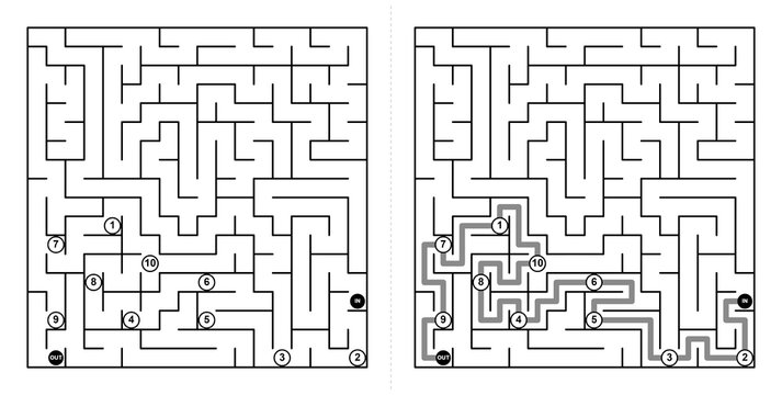 Two intricate maze puzzles shown side by side. Black lines form twisting pathways within white grids. Start and end points marked with small circles. Numbers guide paths through complex corridors