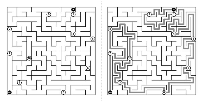 Two black-and-white mazes with numbered entry and exit points. Simple lines form winding paths between walls. No people, animals, or plants appear in the image. Ideal for educational, puzzle