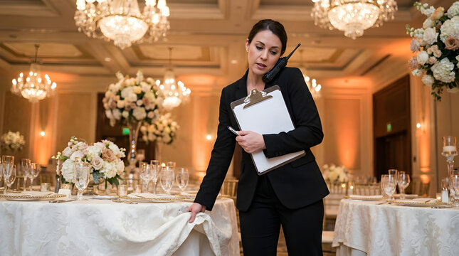 Professional Female Event Planner Managing Wedding Reception Preparations in Grand Ballroom.