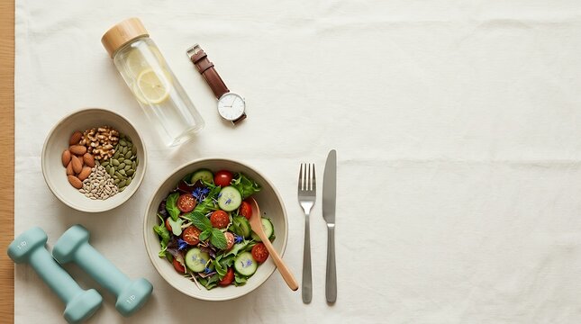 Wholesome nourishment lifestyle flat lay top-down composition featuring dining ware containing fresh produce botanical edibles assorted kernels eating implements hydration vessel timepiece