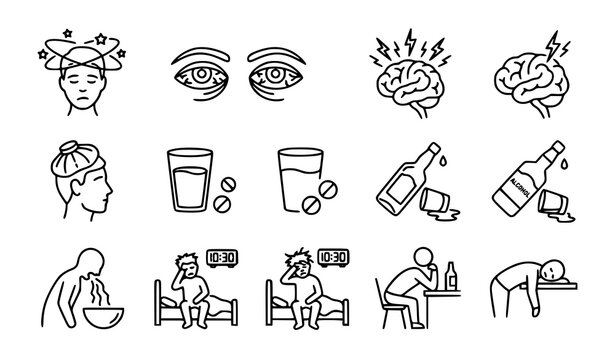 Hangover and alcohol intoxication linear icons set with morning sickness and headache vector symbols