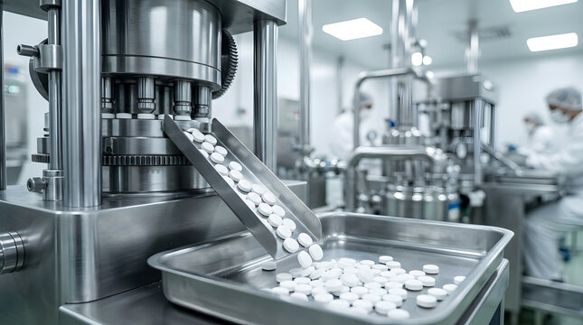 Pharmaceutical tablet press machine | Automated medicine production line | White pills dispensing into stainless steel tray | Industrial pharmacy equipment