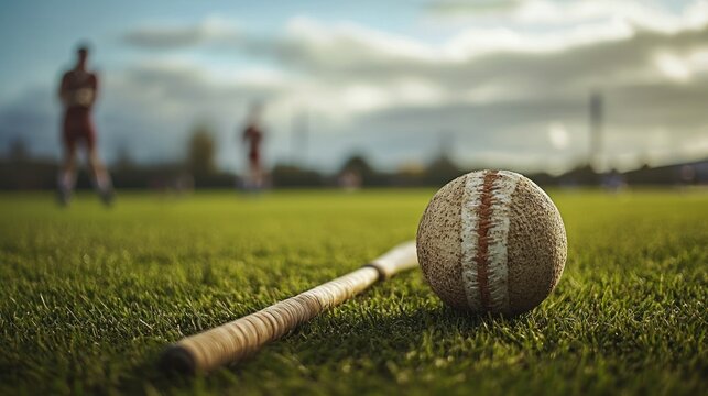 Gaelic hurling ball and stick on grass