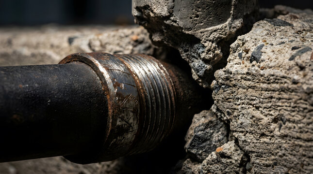 Industrial steel pipe through concrete wall | Rusted metal plumbing in cracked cement | Close-up of old construction infrastructure damage | Rusty pipe fitting in broken concrete foundation