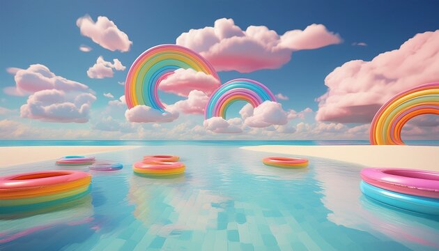 dreamy pastel beach scene with floating clouds and rainbow pool rings cute modern summer aesthetic