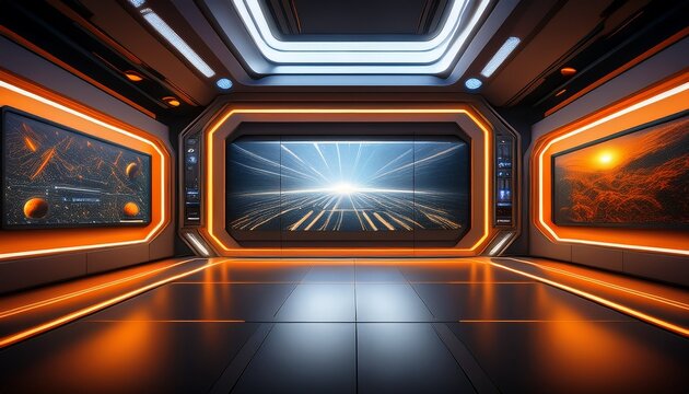futuristic modern studio with glowing orange accents and large screen