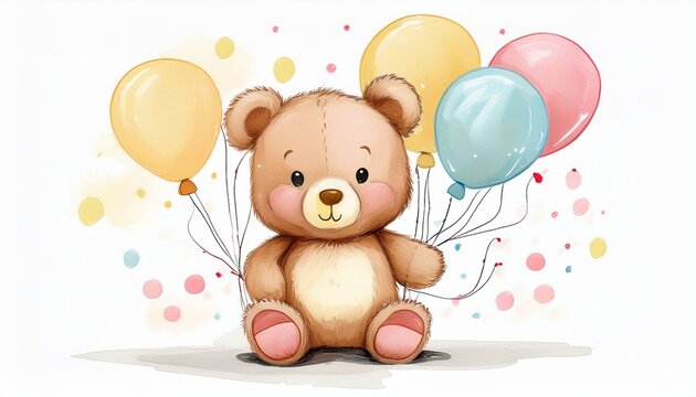 teddy bear with balloons pastel colors watercolor draw