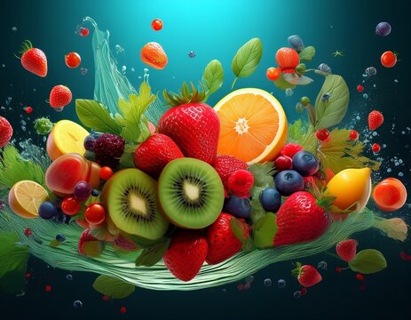 floating fresh fruits berries and herbs creating a vibrant healthy food composition