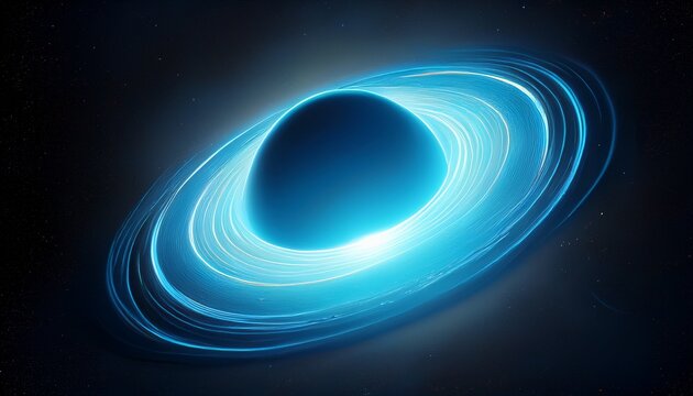 a glowing blue planet curve rises against a black void with light