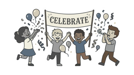Diverse people celebrating with banner.