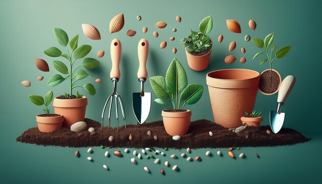 floating gardening tools pots and seeds with soil and plants in a minimal home gardening composition