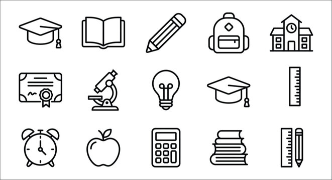 School icons set black line style on white background depicting education and learning concepts schooling
