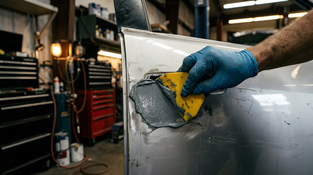 Professional auto body repair services | Applying car body filler to damaged door | Technician repairing vehicle dents | Automotive collision repair workshop scene