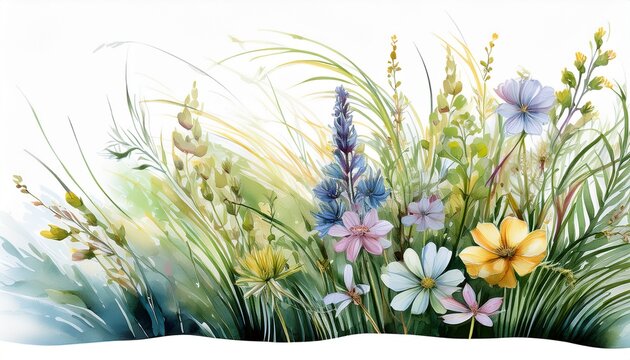 slender side decor from grass and filigran flowers in watercolor design isolated against transparent
