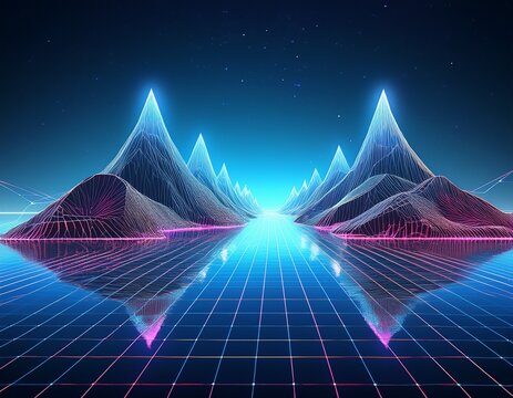wireframe mountains and glowing bridge over digital water