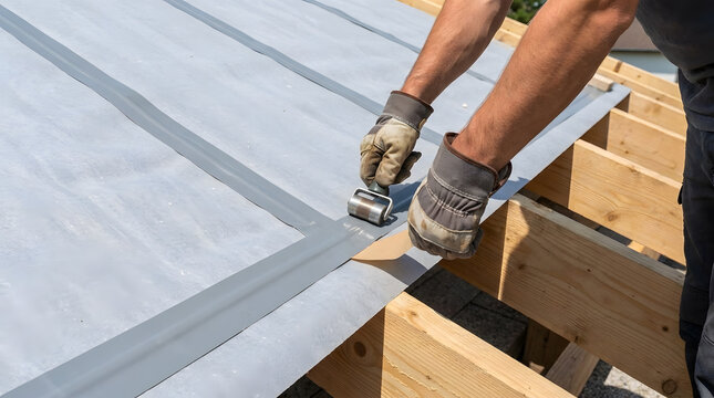 Worker Sealing Roof Membrane Seams with Pressure Roller Tool | Roof Underlayment Installation with Self Adhesive Waterproof Tape | Close Up of Roofing Contractor Joining Vapor Barrier Layers 