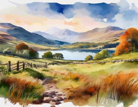 a lake district inspired digital watercolour landscape scene generate ai