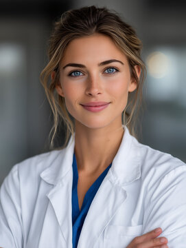Female doctor smiling with arms crossed in bright medical office