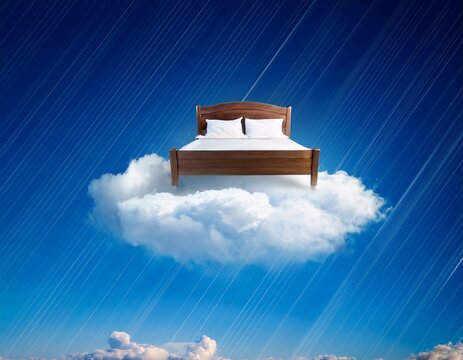 bed stand in a fluffy clouds in the sky symbolic for good sleep