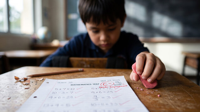 A blurred young boy sits at a wooden school desk holding a pink eraser over a graded mathematics test marked with a low grade.
