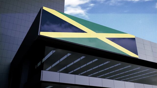  Jamaica Flag on Building with Sky in Background