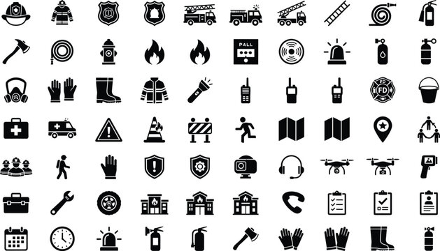 Firefighter and emergency response glyph icon set featuring firefighting equipment department trucks safety tools and vector elements