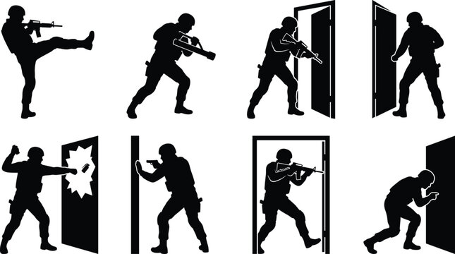 Special Forces Soldier and Swat Team Door Breaching Black Silhouette Vectors