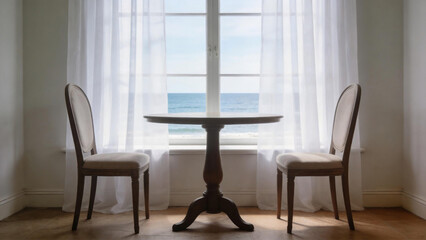 Fototapeta premium Cozy Table by Ocean View Window