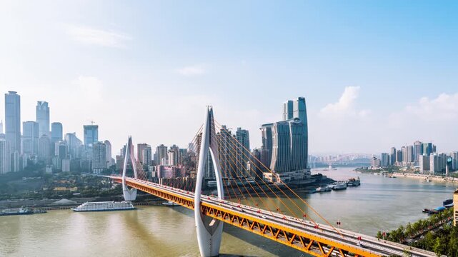 High angle city view timelapse of skyscrapers and the Dongshuimen Bridge in Chongqing, China