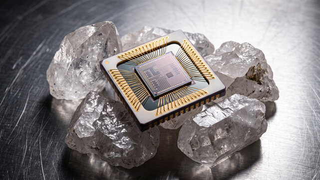 A highly detailed computer processor microchip with gold wire bonds sits surrounded by raw, clear quartz crystals on a brushed metallic background.
