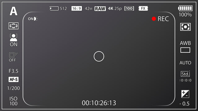 Modern photo or videocamera focusing screen isolated - digital, mirrorless, DSLR, cameraphone. Viewfinder camera recording. 8K ready detailed template. Realistic black style overlay isolated. Vector i