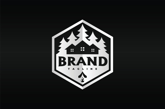 Cabin and Pine Trees Hexagonal Badge Logo