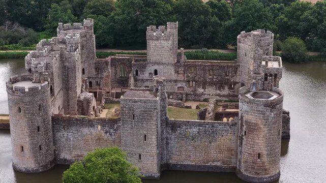 Aerial view of Bodiam Castle surrounded by a moat in East Sussex during daytime