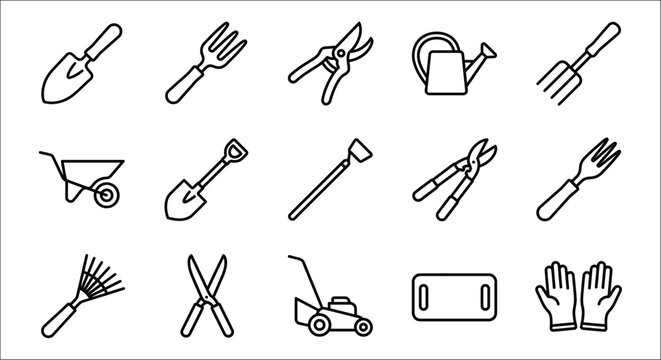 Gardening Tool Icons Linear Style Collection On White Background agriculture blade branch clippers cultivate digging