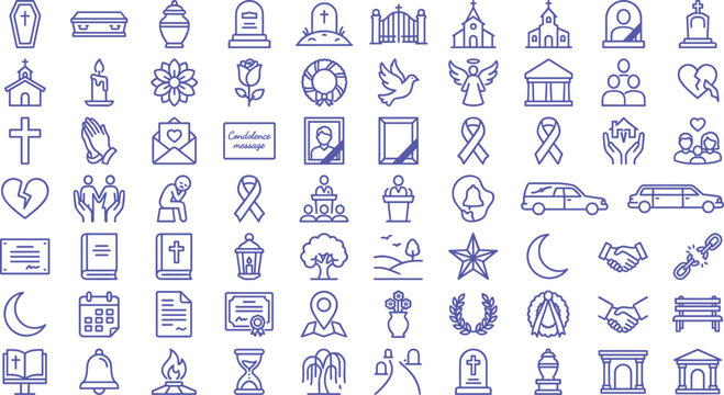 Funeral and condolence outline line icon set featuring burial cemetery mourning ceremony church ritual and memorial vector elements