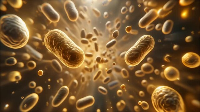 3D cinematic microscopic view of glowing golden cells during autophagy process