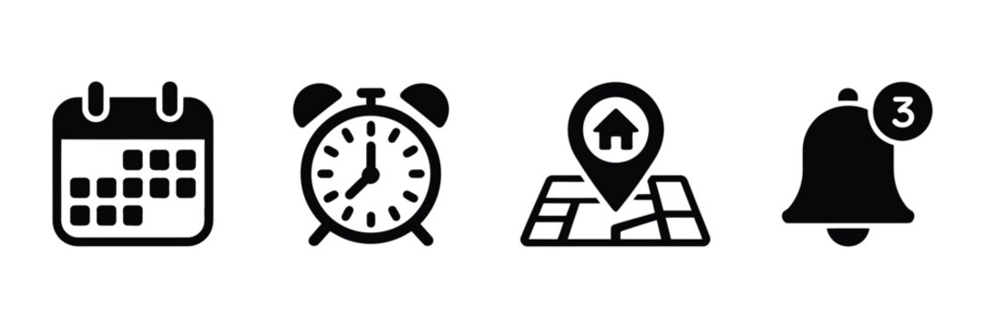 Date time location and notification icon. Calendar, clock, address pin and bell symbols for modern interface design