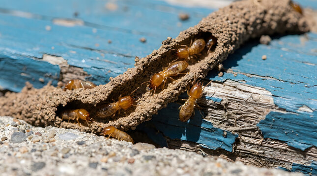 Termites moving through mud tube on blue wood|Subterranean termite infestation on house exterior|Close up of termites in earthen shelter tube|Structural damage from wood eating insects